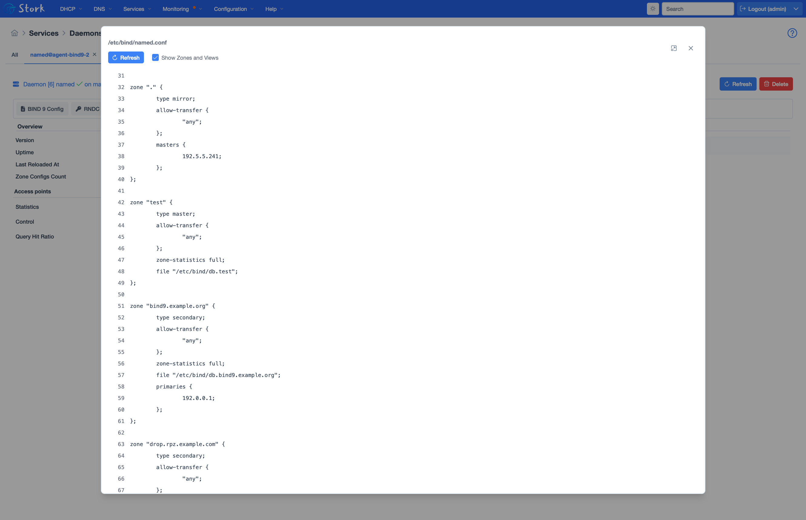 Stork screenshot of the BIND configuration, showing file locations.