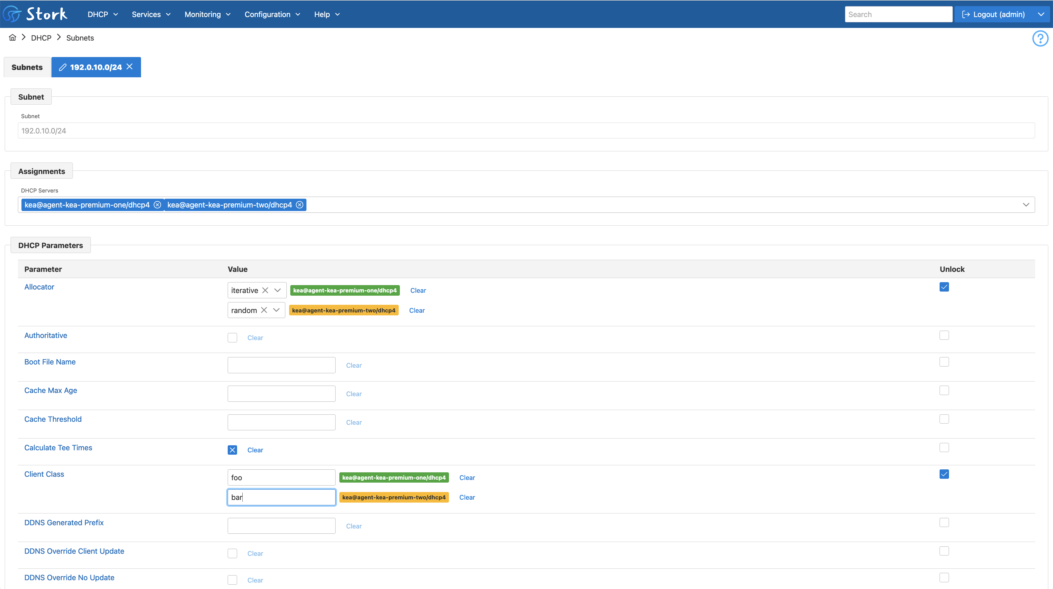 Subnet editing form