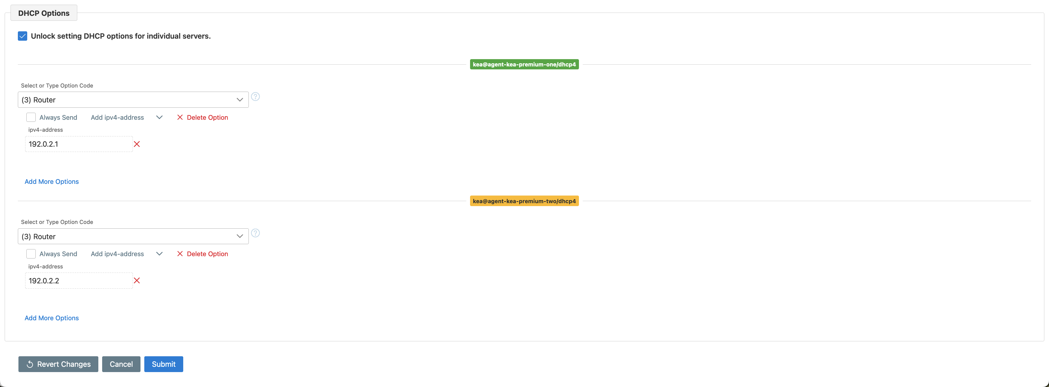 Subnet form options