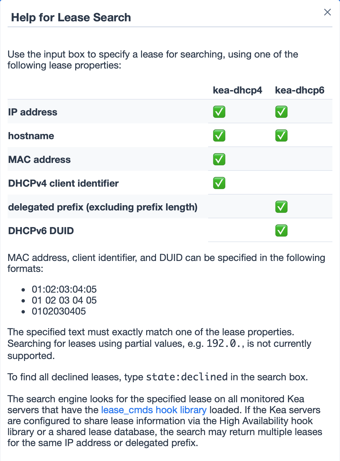 Stork lease search help screen.