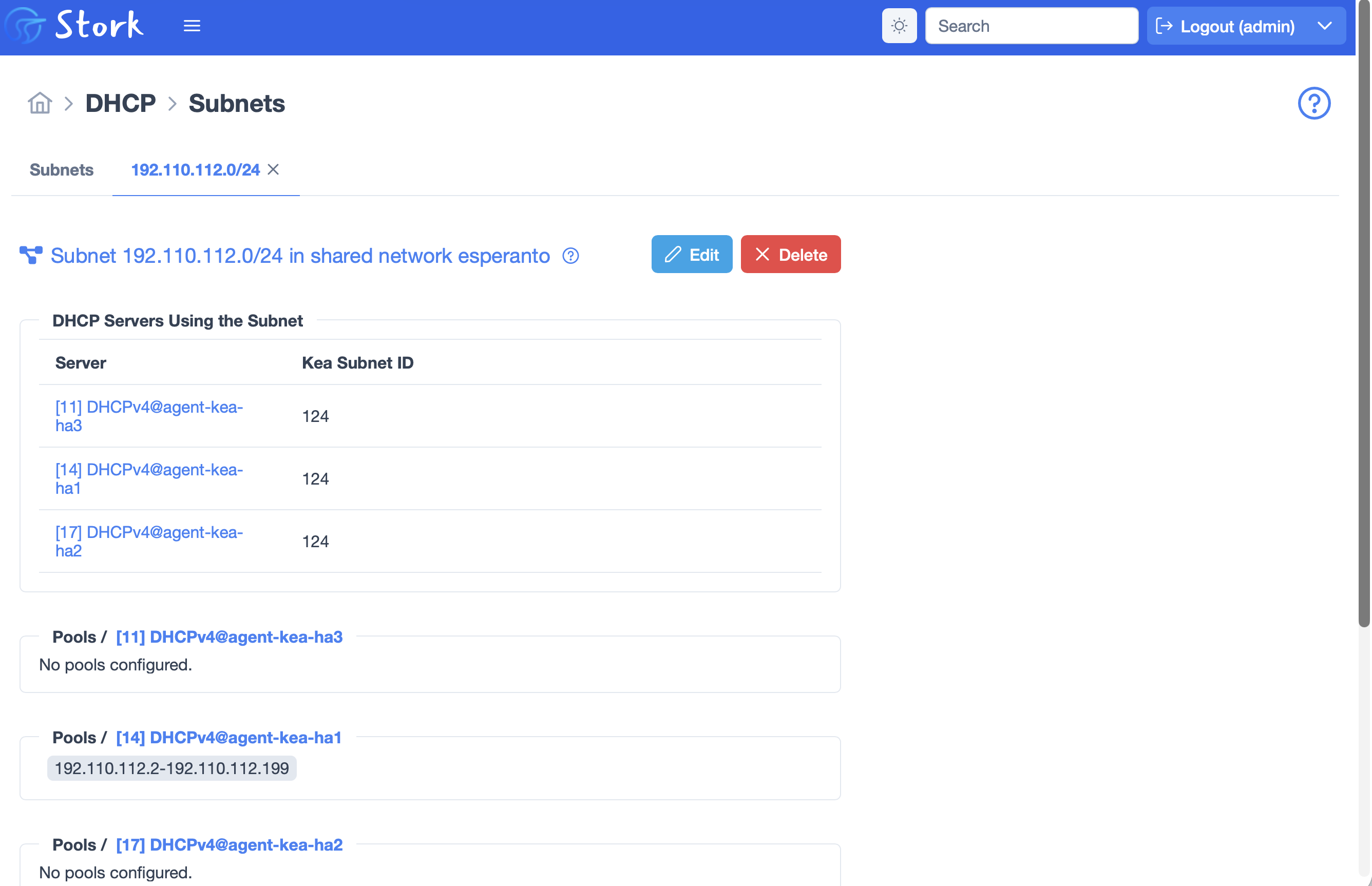 Screenshot showing the detail display of a subnet installed on multiple Kea servers.